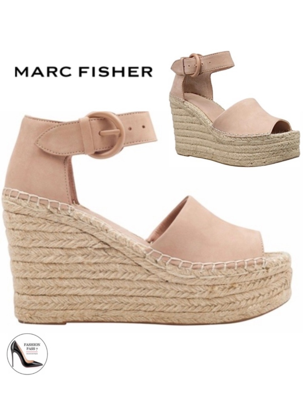 Marc Fisher Alida Light Pink Nude Suede Ankle strap Espadrille Wedge Sandals 8.5